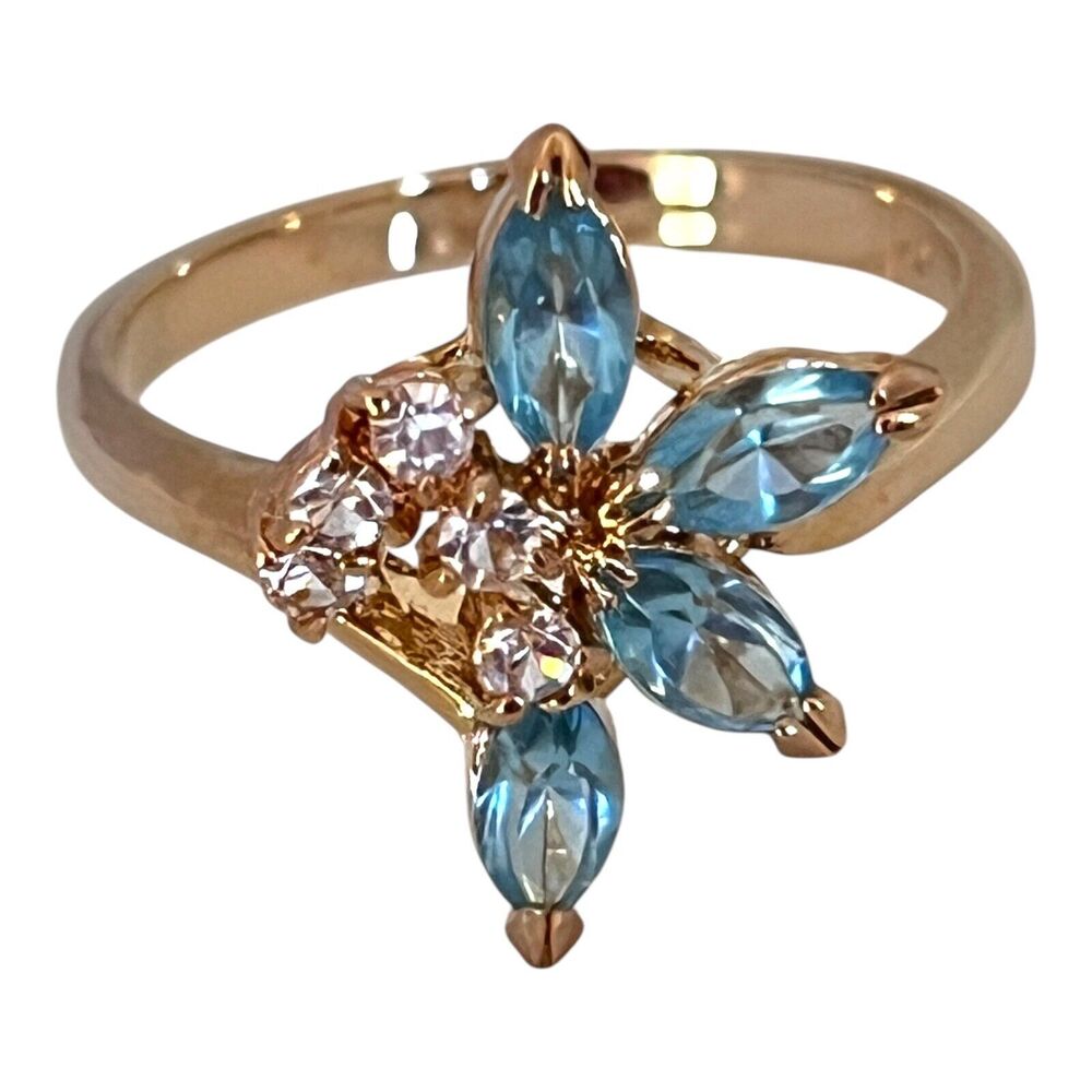 Vintage 1970s Austrian Crystal Ring Size 8 Blue Navette 14K Gold Plate - 6C - Picture 4 of 8